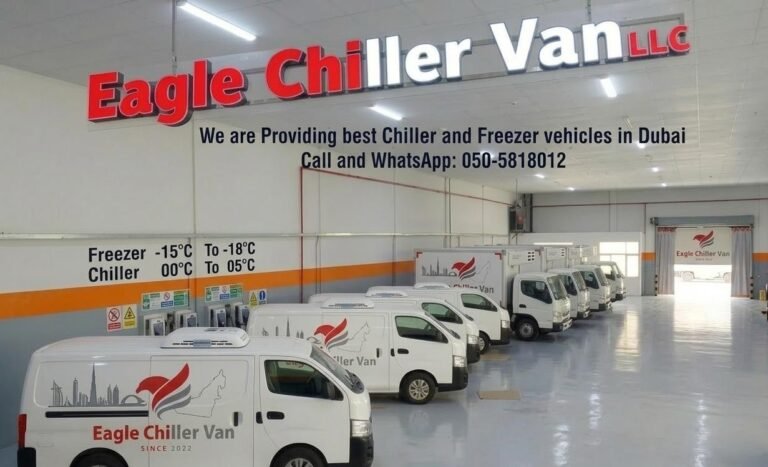 An EAGLE CHILLER VAN LLC commercial refrigerated van for rent parked in Dubai, featuring 247 fast emergency route re
