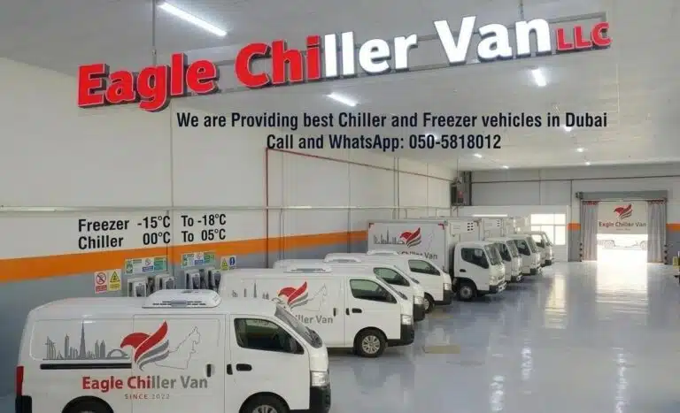 An EAGLE CHILLER VAN LLC commercial refrigerated van for rent parked in Dubai, featuring 247 fast emergency route re