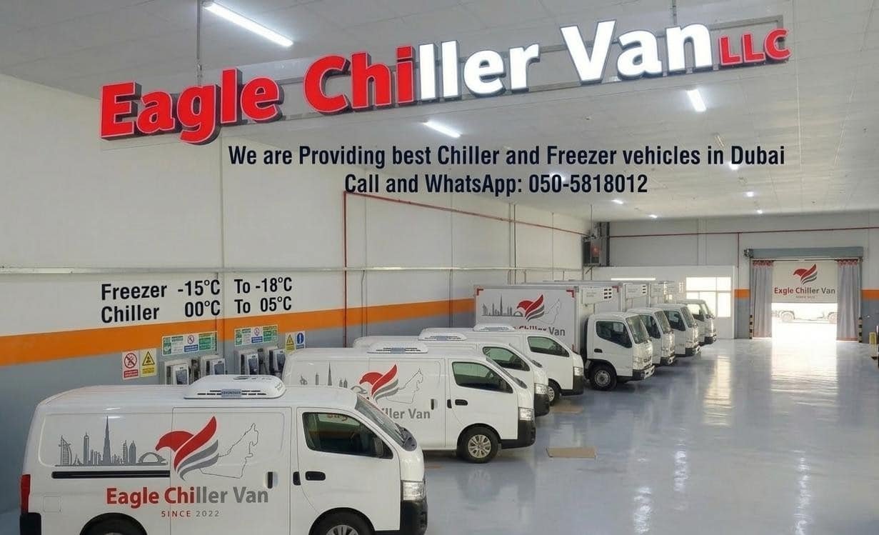 An EAGLE CHILLER VAN LLC commercial refrigerated van for rent parked in Dubai, featuring 247 fast emergency route re